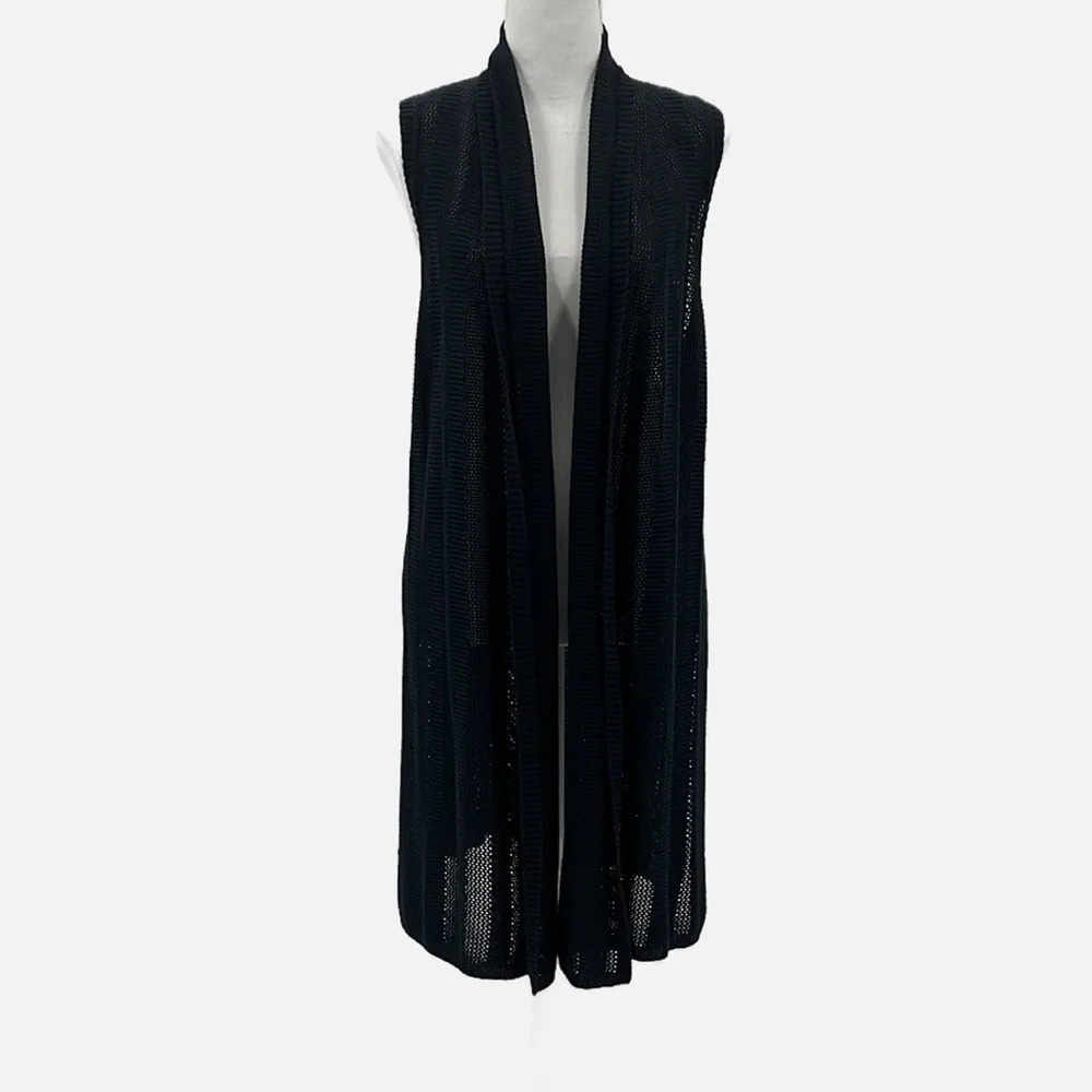 Lafayette 148 Long Line Open Knit Viscose & Cotton Vest in Navy - Size Medium